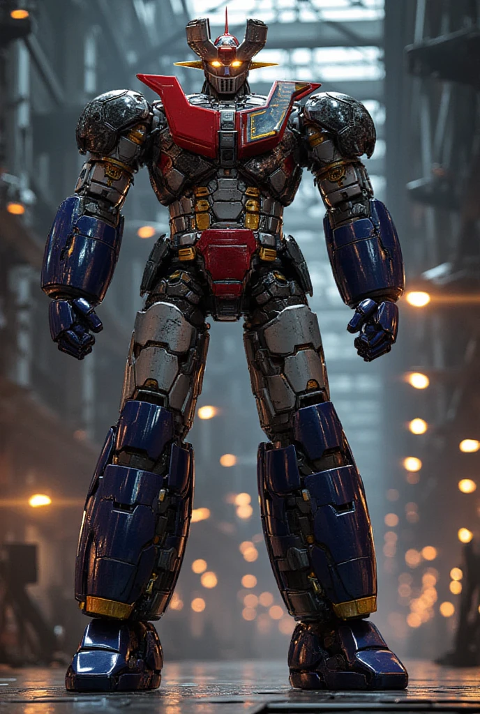  a very realistic version of the modified Mazinger Z,  stands 100 meters high ahead .   It's built with modern materials such as steel  ,   Carbon Fiber  ,   Other industrial elements are also visible  ,   just like the real thing  ,   has been carefully recreated 。.  set in a modern nuclear reactor facility 、 an industrial environment where a high voltage current flows and emits light   ,   Masinger Z standing around  ,   are illuminated by natural light  、  A huge structure highlighted by realistic shadows  . LED light lighting  　Gundam