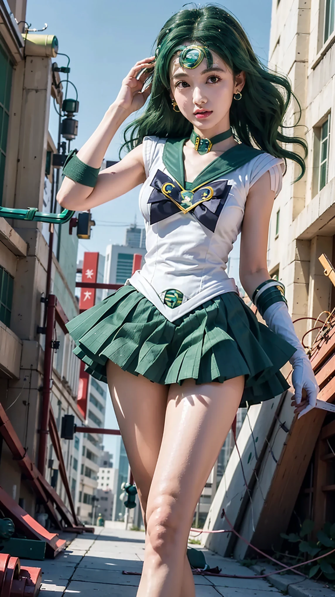 One image becomes two different poses. sailor senshi uniform, (sailor neptune:1.8), ulzzang-6500-v1.1, pureerosface_v1, best quality, masterpiece, illustration, (realistic, photo-realistic:1.37), stunning, fine details, extraordinarily absurd resolution, large file size, ultra-detail, high resolution, CG unity 8k highly detailed wallpaper, a beautiful girl with intricate details, shiny red lips, a hot sexy body, Big chest, large and firm breasts, slightly open cleavage, sexy waist, beautiful round green eyes, sexy body, (white underwear), very detailed eyes and face, very beautiful and detailed eyes, beautiful green eyes, ray tracing, 1 girl, (long messy green hair), green hair ribbon at the back, green bow tie, green ribbon on the chest, magical girl, green mini skirt, thin green light, elbow-length gloves, small golden tiara on the forehead with a green love-shaped pearl in the center, sparkling, pleated skirt, green sailor collar, mini skirt, choker, green choker, white gloves, jewelry, earrings, slightly shimmering sweat, skin contours, smooth white skin, detailed fingers, heavy breathing, (dark green), orgasm, embarrassment, drunkenness, being played with, mischievous face, ultrawide shot, Japanese girl, cosplay girl, city skyline background, skyscrapers, twinkling lights, shimmering reflections, glass facade, panoramic view, neon billboards, illuminated rooftop structure, blurred background