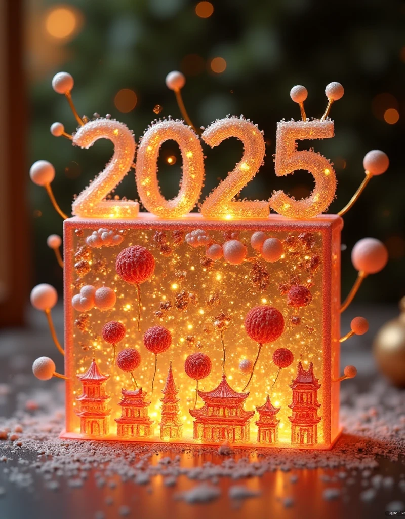 Made with clear candy,The numbers "20" and "2025" are carefully drawn in 3D style with delicate golden lines. The number "7" is covered with distinctive buildings and flowers such as the Forbidden City,the Temple of Heaven,the Great Wall,and the beautiful peony flowers; while the number "5" is covered with iconic landmarks of modern China,majestic rockets,cute pandas,gorgeous fireworks,and a group of people releasing balloons. The edges of the numbers are surrounded by golden ribbon clouds,which are shining.,