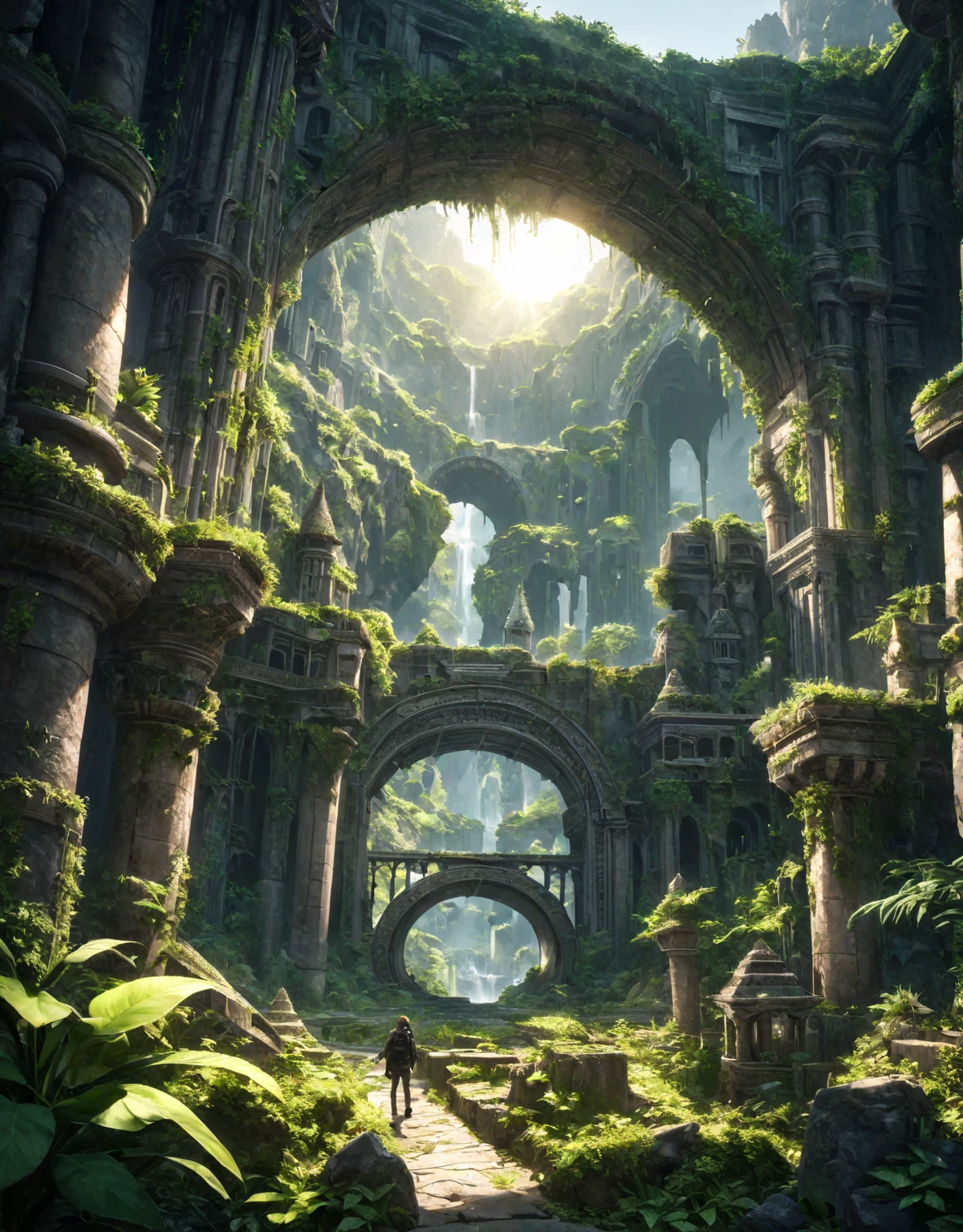 (A ruined city inside a massive cave, game concept art, bird's eye view, intricate architecture, crumbling buildings, detailed stone structures, lush vegetation, dramatic lighting, cinematic composition, ancient artifacts, fantasy setting, no humans, prevailing of nature, bright colours, sunshine, sunny, tranquility, bright mood), BREAK
dramatic shadows, epic scale, highly detailed, cinematic lighting, photorealistic, 8k, masterpiece,HDR, 8K, masterpiece, best quality, amazing quality, very aesthetic, high resolution, ultra-detailed, absurdres, newest, scenery, 
masterpiece,  aesthetic detailed background, best quality, game cg aesthetics, sharp focus, sharp details, light particles,  photo background, depth of field, 
(masterpiece), best quality, ultra-detailed, 1024k UHD wallpaper, ultra-high resolution, depth of field, HDR, Ray tracing, RTX, high saturation, photon mapping, best texture quality, best compotitions, (extremely detailed CG 1024k wallpaper), High Details, Ultra HD Photo,