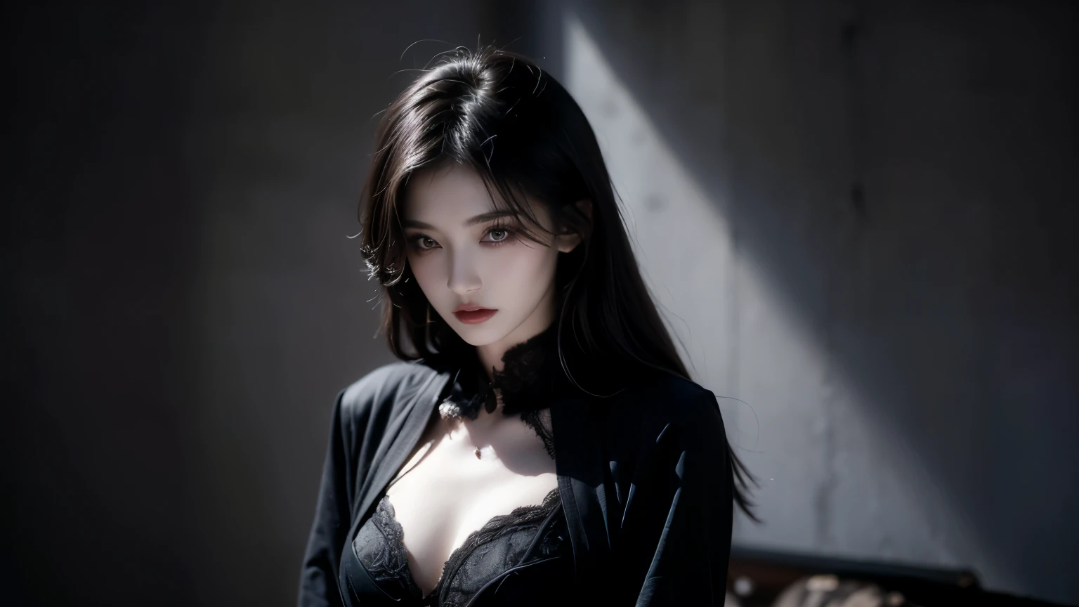 (best quality, highres:1.2), realistic, black dress, black hair, dark theme, black background, intense gaze, elegant posture, flowing dress, detailed facial features, long eyelashes, pale skin, contrast, fine details, dramatic atmosphere, gothic style, intense emotions, monochrome color palette, captivating setting, haunting beauty, artistic photography, everything is black