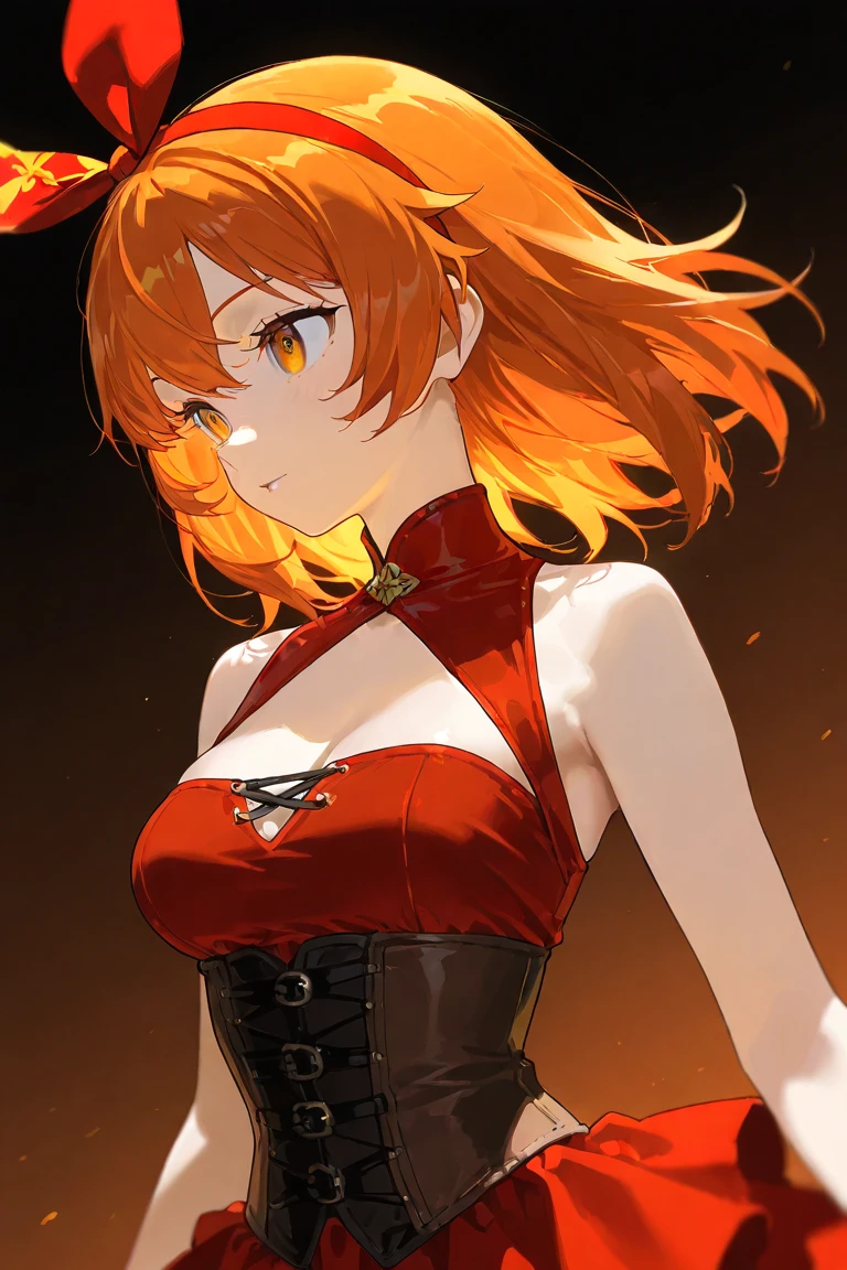 1girl, bright, light orange hair, white mesh, long hair, ponytail, red eyes, elf, multicolored hair, saleme, head mask, side lights, light particles, wallpaper, big, plump, idol, swimsuit, loose, smile, gentle, clear, sexy,