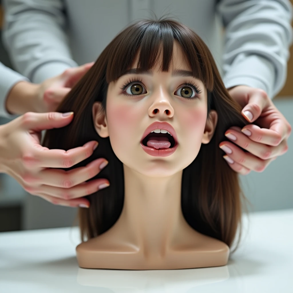 At the hairdresser the ultra-surreal insane professional makes a very crazy nonsense ultra-surreal hairstyle to a lady