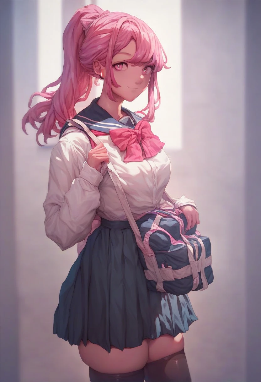 masterpiece, best quality,
 M0gd4n, 1girl, solo,standing,looking at viewer, happy, closed mouth,pink hair, ponytail, pink eyes,school uniform, bow, long sleeves, skirt, skindentation, thighhighs,