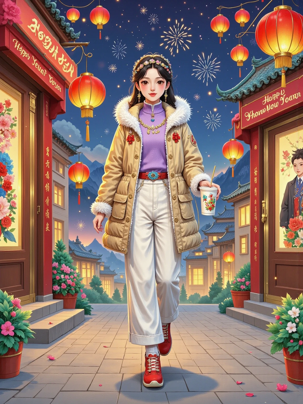 Full body view，Female university student，She has a delicate and beautiful face ，Natural looking ， with a ball head， wearing a simple beige short down jacket ， wearing a light purple sweater ， white straight long velvet pants ，Daddy shoes，High body ratio ，Holding a cup of milk tea in his right hand， walking on the street at night ， The street side is a high-end store with flashing lights， and a glowing red lantern ，Lanterns，There were snowflakes in the sky，There is snow on the ground，New Year atmosphere，Warmth，cure， Korean comic style 