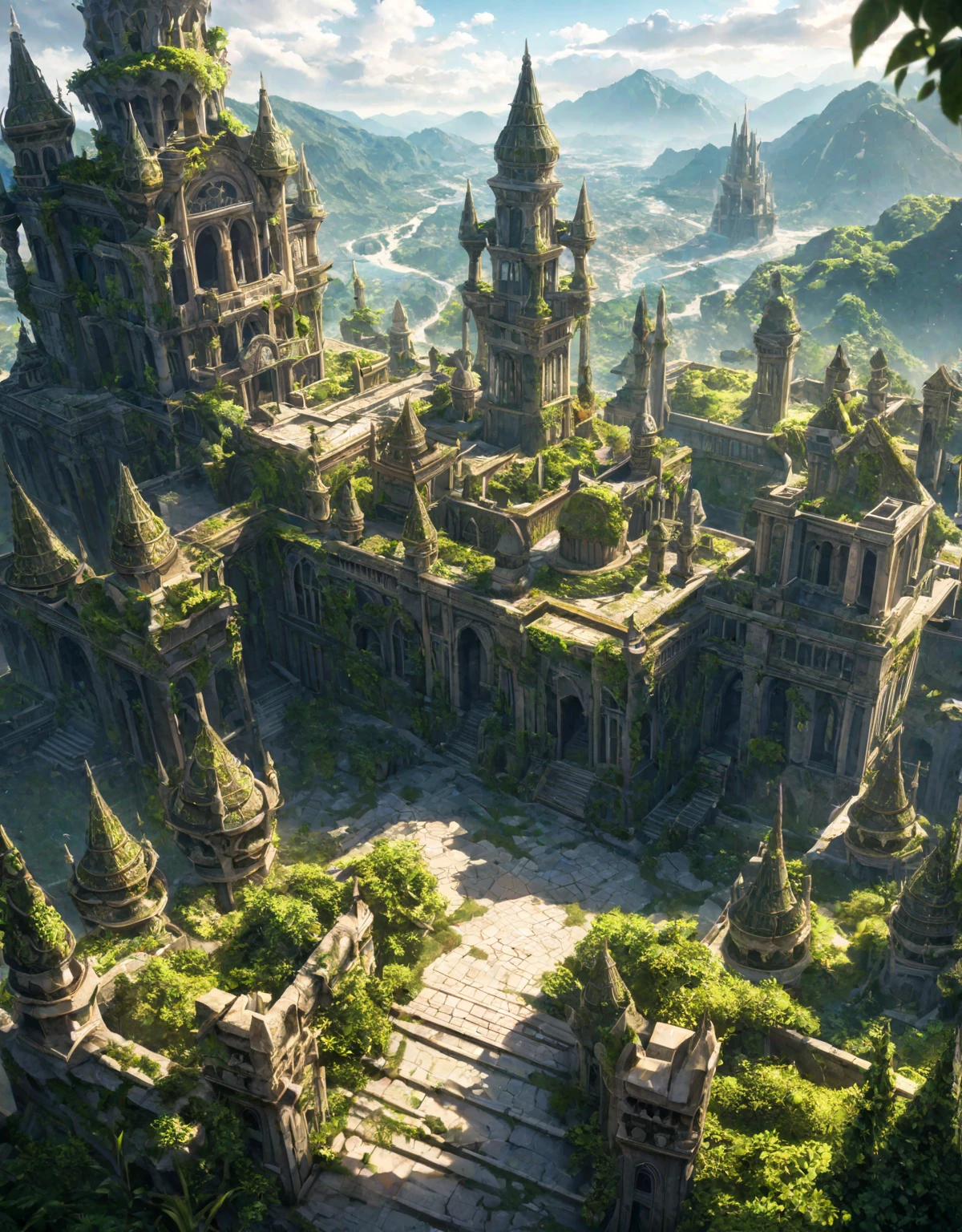 (flying castle of laputa, game concept art, bird's eye view, intricate architecture, crumbling buildings, detailed stone structures, lush vegetation, dramatic lighting, cinematic composition, ancient artifacts, fantasy setting, no humans, prevailing of nature, bright colours, sunshine, sunny, tranquility, bright mood), BREAK
dramatic shadows, epic scale, highly detailed, cinematic lighting, photorealistic, 8k, masterpiece,HDR, 8K, masterpiece, best quality, amazing quality, very aesthetic, high resolution, ultra-detailed, absurdres, newest, scenery, 
masterpiece,  aesthetic detailed background, best quality, game cg aesthetics, sharp focus, sharp details, light particles,  photo background, depth of field, 
(masterpiece), best quality, ultra-detailed, 1024k UHD wallpaper, ultra-high resolution, depth of field, HDR, Ray tracing, RTX, high saturation, photon mapping, best texture quality, best compotitions, (extremely detailed CG 1024k wallpaper), High Details, Ultra HD Photo,