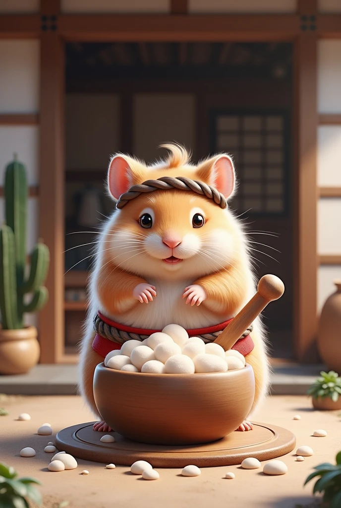 A very cute, chubby, short-limbed hamster wearing a traditional Japanese loincloth, sash and twisted headband. In front of the entrance of a Japanese house, the hamster is pounding mochi. Traditional Japanese mochi-pounding style. Using a large wooden mortar and pestle.