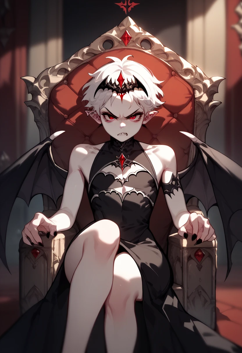 Femboy, male, vampire, white hair, red eyes, black dress, throne room, angry expressions, big ass, black tiara, solo front view, white skin, thin shoulder's, thin arm's, bat eats, bat Wings from spine