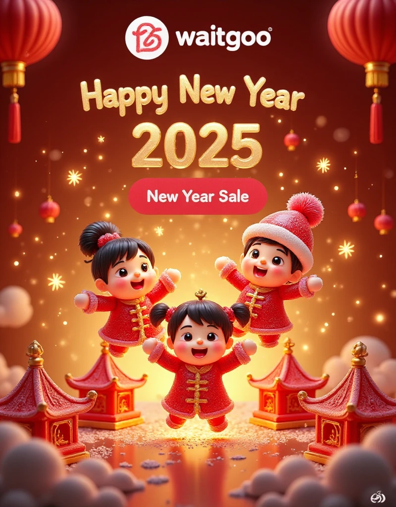 waitgoo,2025 New Year theme,red as the main color with golden accents,cartoon characters wearing festive New Year outfits,cheerful expressions,fireworks,red lanterns,Chinese knots,dynamic composition,tents replaced with red pavilions or New Year decorations,promotional text "Happy New Year 2025," "New Year Sale," strong holiday atmosphere.,