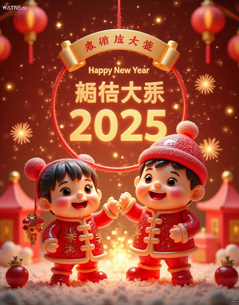 waitgoo,2025 New Year theme,red as the main color with golden accents,cartoon characters wearing festive New Year outfits,cheerful expressions,fireworks,red lanterns,Chinese knots,dynamic composition,tents replaced with red pavilions or New Year decorations,promotional text "Happy New Year 2025," "New Year Sale," strong holiday atmosphere.,