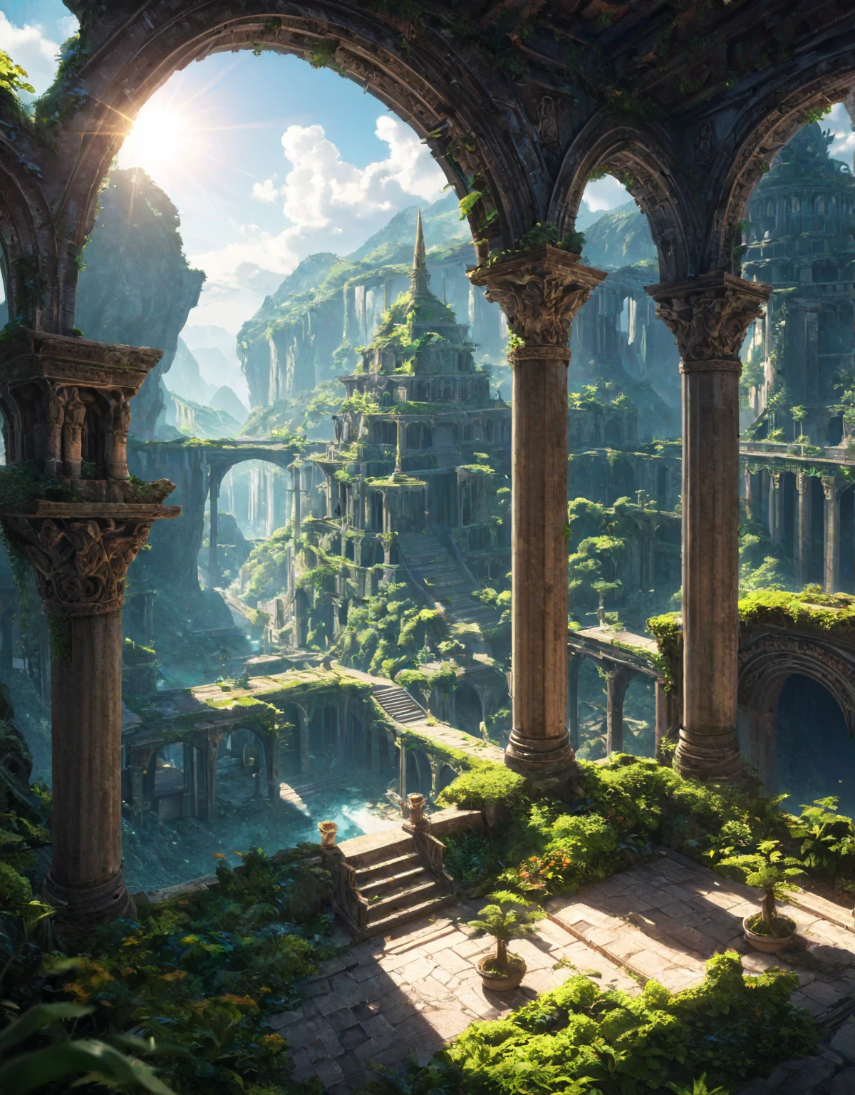 (A ruined architecture of ancient people, massive architecture, game concept art, bird's eye view, intricate architecture, crumbling buildings, detailed stone structures, lush vegetation, dramatic lighting, cinematic composition, ancient artifacts, fantasy setting, no humans, prevailing of nature, bright colours, sunshine, sunny, tranquility, bright mood), BREAK
dramatic shadows, epic scale, highly detailed, cinematic lighting, photorealistic, 8k, masterpiece,HDR, 8K, masterpiece, best quality, amazing quality, very aesthetic, high resolution, ultra-detailed, absurdres, newest, scenery, 
masterpiece,  aesthetic detailed background, best quality, game cg aesthetics, sharp focus, sharp details, light particles,  photo background, depth of field, 
(masterpiece), best quality, ultra-detailed, 1024k UHD wallpaper, ultra-high resolution, depth of field, HDR, Ray tracing, RTX, high saturation, photon mapping, best texture quality, best compotitions, (extremely detailed CG 1024k wallpaper), High Details, Ultra HD Photo,