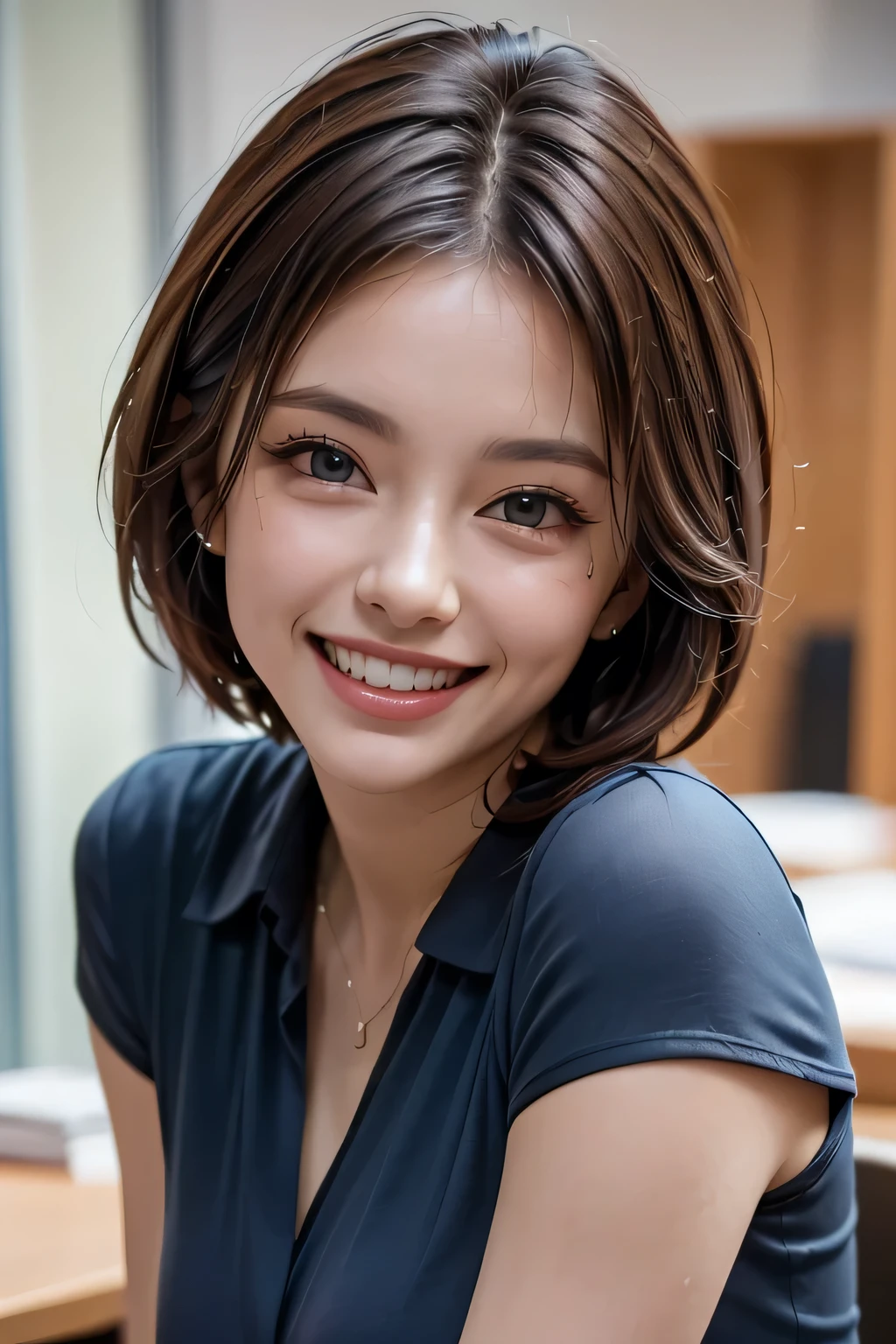 (( masterpiece )), (( Top Quality )), ((16k)), (( surreal)), (( realistic)), ( mature), (( class )), very detailed , ( 1 female ), Beautiful and exquisite, (Beautiful Teeth), grin, brunette pixie cut, brown eyes , (( blue blouse )), ( upper body), (( office)), perfect eyes, amazing eyes, Look at the audience with your body facing forward