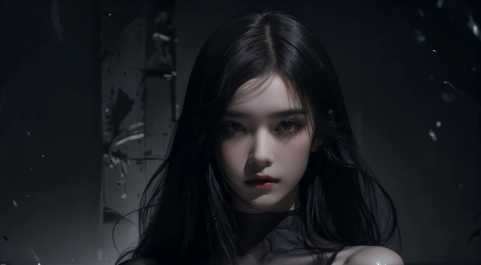 (best quality, highres:1.2), realistic, black dress, black hair, dark theme, black background, intense gaze, elegant posture, flowing dress, detailed facial features, long eyelashes, pale skin, contrast, fine details, dramatic atmosphere, gothic style, intense emotions, monochrome color palette, captivating setting, haunting beauty, artistic photography, everything is black