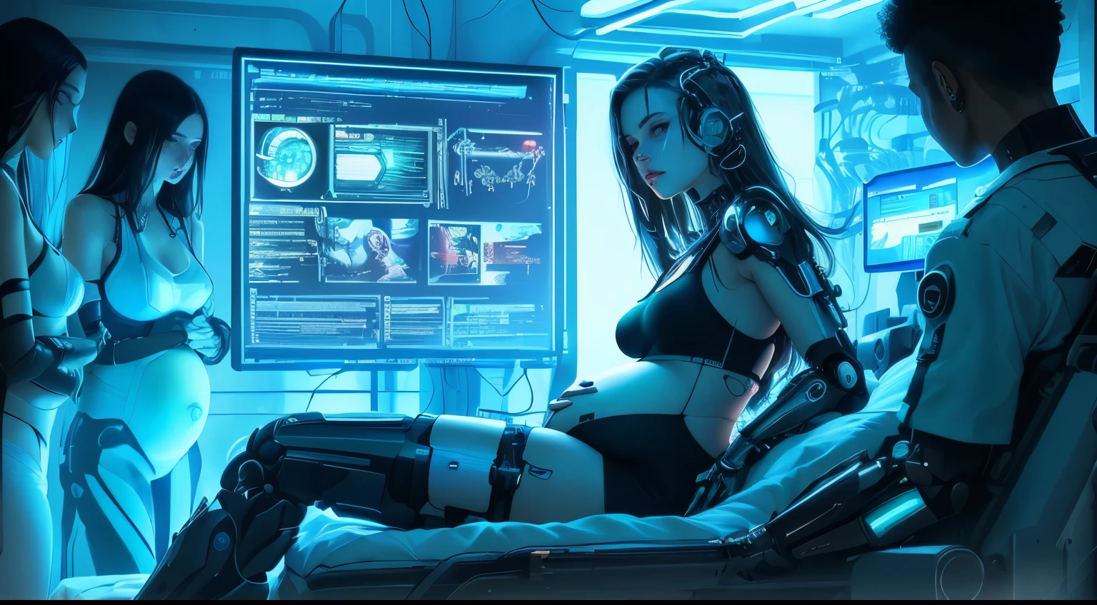 Vladisava Galagan 25 anos, black hair, as a bodybuilder cyborg with bionic parts in your body, cyberpunk swinsuit, pink-white-lime green, reading a magazine leaning on your crossed legs on the futuristic chair, futuristic lab, blueprint, photostudio composition, digital art, illustration concept art in the style of Artgerm and Adam Hughes