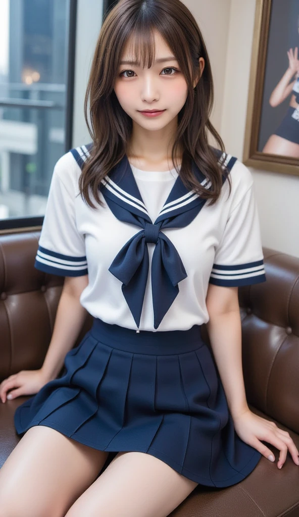 ((highest quality、8k、masterpiece:1.3)),((((cowboy shot)))),Ultra-high resolution,big eyes,Japanese,bangs,(a girl),(1 girl),((20 years old)),((facing at viewer)),(long hair),(((black sailor uniform))),grin,((sitting on chair)),(pleated mini skirt),(((pussy))),((pubic hair)),((skirt lift)),((short crew socks))