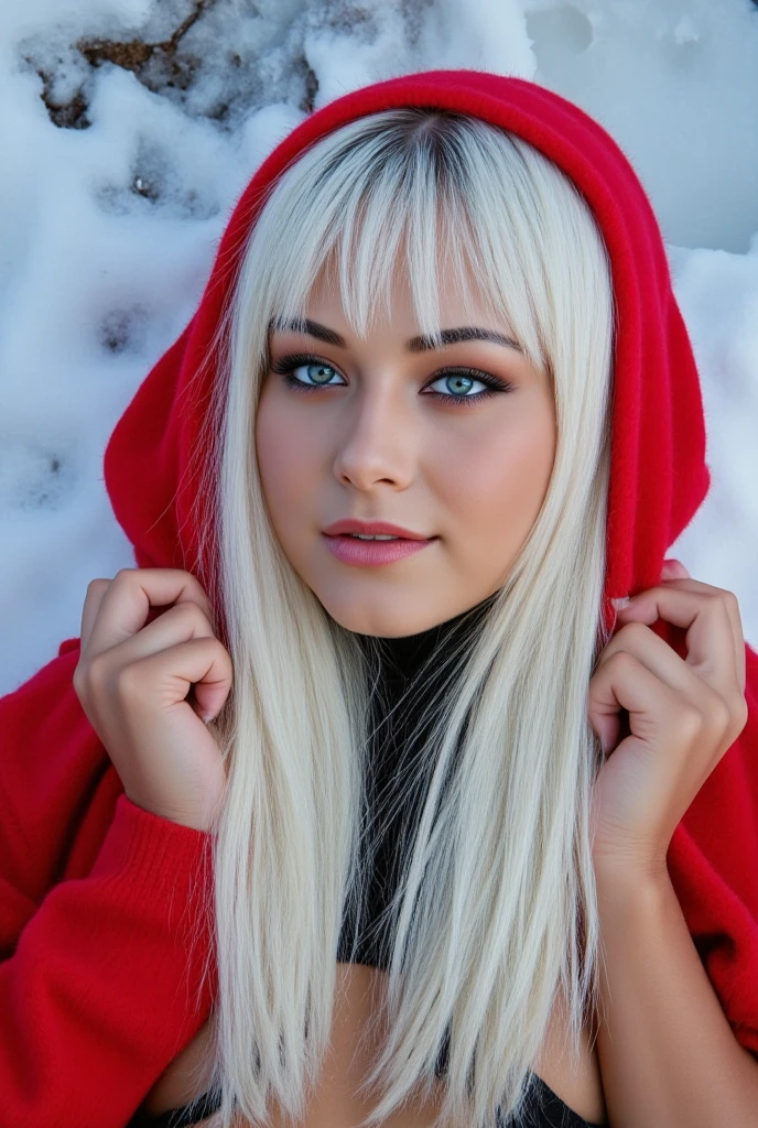 Young woman Red Riding Hood. with bright blue eyes that radiate a gentle,unearthly, (Snow white hair),fringed bangs,long hair,)), full body, full pictures,The background shows a wintry landscape with snow and ice, which creates a magical and mystical atmosphere.