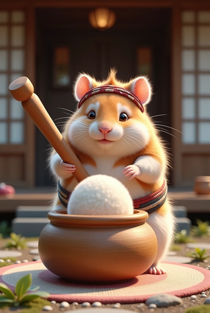 A very cute, chubby, short-limbed hamster wearing a traditional Japanese loincloth, sash and twisted headband. In front of the entrance of a Japanese house, the hamster is pounding mochi. Traditional Japanese mochi-pounding style. A large wooden mortar and pestle are used. The hamster is holding a pestle and pounding a large mochi in a wooden mortar.