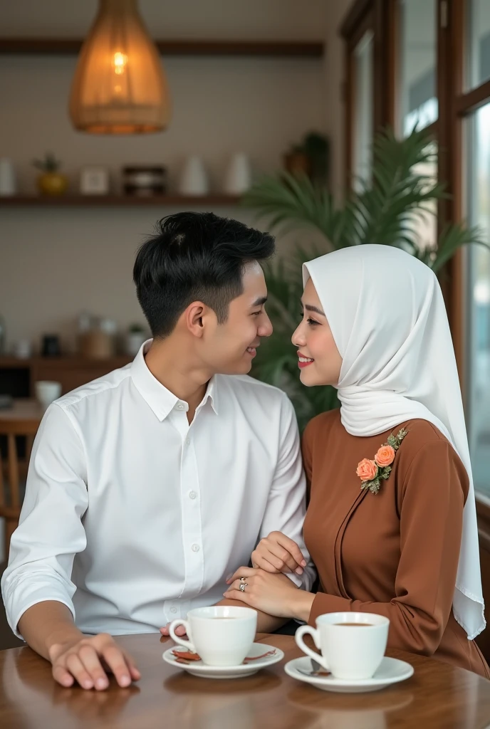 real photography, a man with short hair, a woman with hijab, indonesia, inside coffee shop, hug each other, focus, realistic, natural light, smile to camera, happy ambience, eye level view, full hd