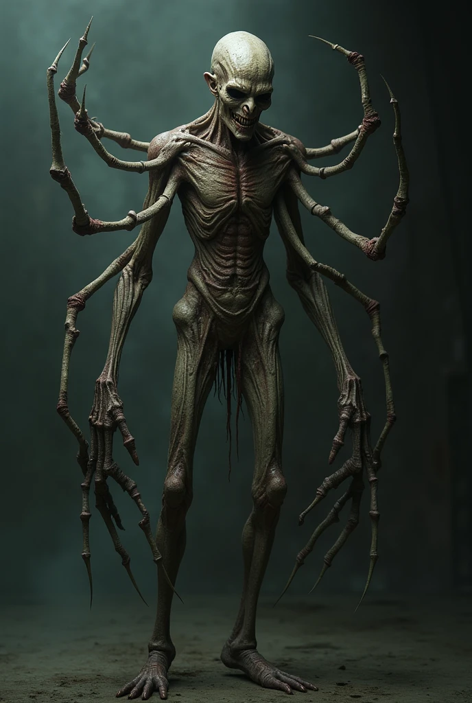  ((best quality)), ((masterpiece)), (detailed), an alien creature, (hr giger inspired), (velociraptor form), pale, milk-white skin, translucent skin, smooth skin texture like a dolphin, no hair, (head like a porpoise), round head, (bulbous head), (xenomorph head), (atrophied eye sockets), (smooth face), (bright prominent gums), (a long tongue like an elephant trunk coming out of the mouth with a squid-like beak at the tip), (protrusions along a skeletal ridged back), (breathing holes on the chest), elongated limbs, a tail that splits into three tentacles, (tentacles with spikes instead of suckers), (walking on long skinny arms), where the legs would be is another set of arms that are used for grabbing, H R Giger, Clive Barker's The Thing, xenomorph, predator, Engineer, dinosaur, sci fi horror, cosmic horror 