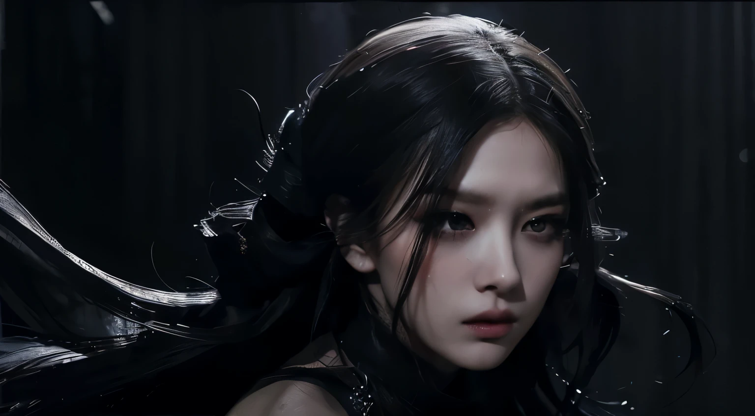 (best quality, highres:1.2), realistic, black dress, black hair, dark theme, black background, dark ninja, intense gaze, elegant posture, flowing dress, detailed facial features, long eyelashes, contrast, fine details, dramatic atmosphere, gothic style, intense emotions, monochrome color palette, captivating setting, haunting beauty, artistic photography, everything is black