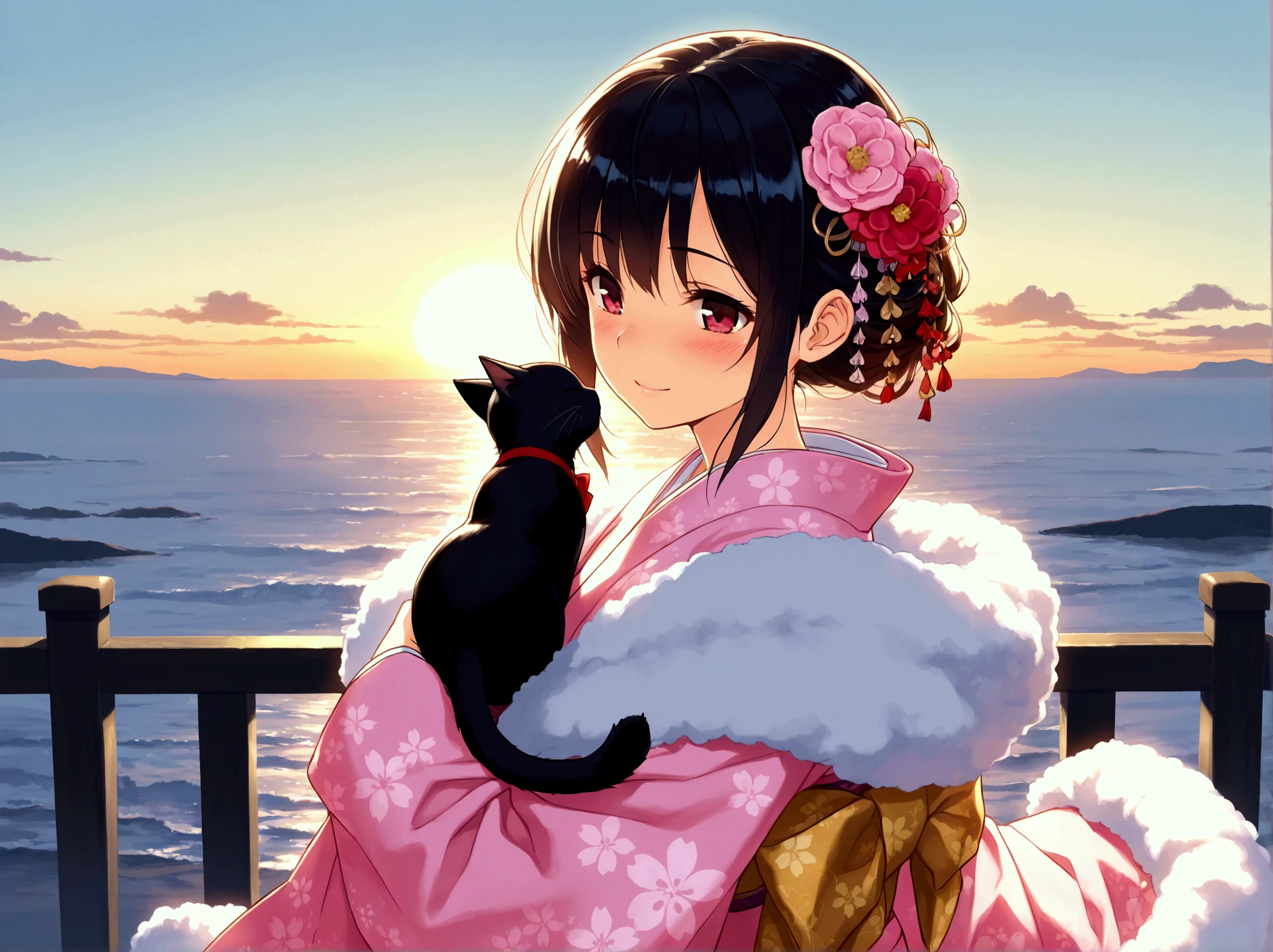 New Year 2025, health first, black kitten and woman in kimono, fluffy shawl, pink kimono, hair ornament, first sunrise on horizon, early morning sea, masterpiece, best quality