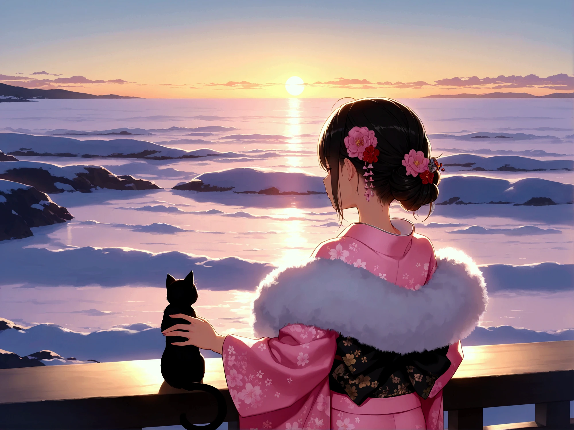 New Year 2025, health first, black kitten and woman in kimono, fluffy shawl, pink kimono, hair ornament, first sunrise on horizon, early morning sea, masterpiece, best quality