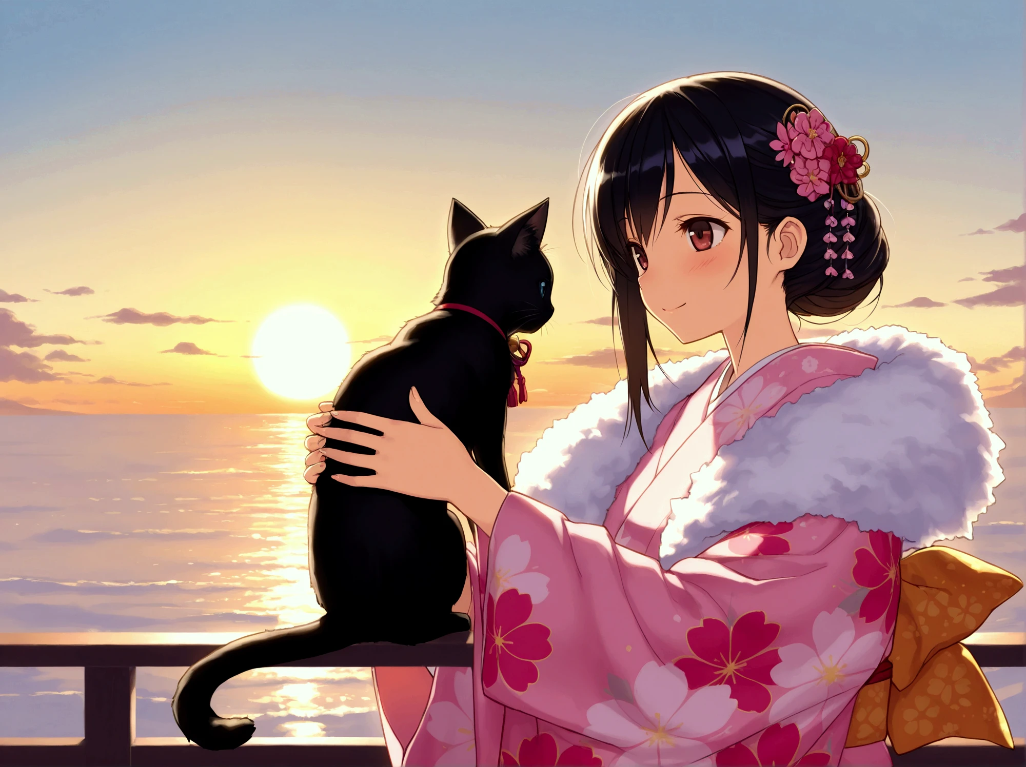 New Year 2025, health first, black kitten and woman in kimono, fluffy shawl, pink kimono, hair ornament, first sunrise on horizon, early morning sea, masterpiece, best quality