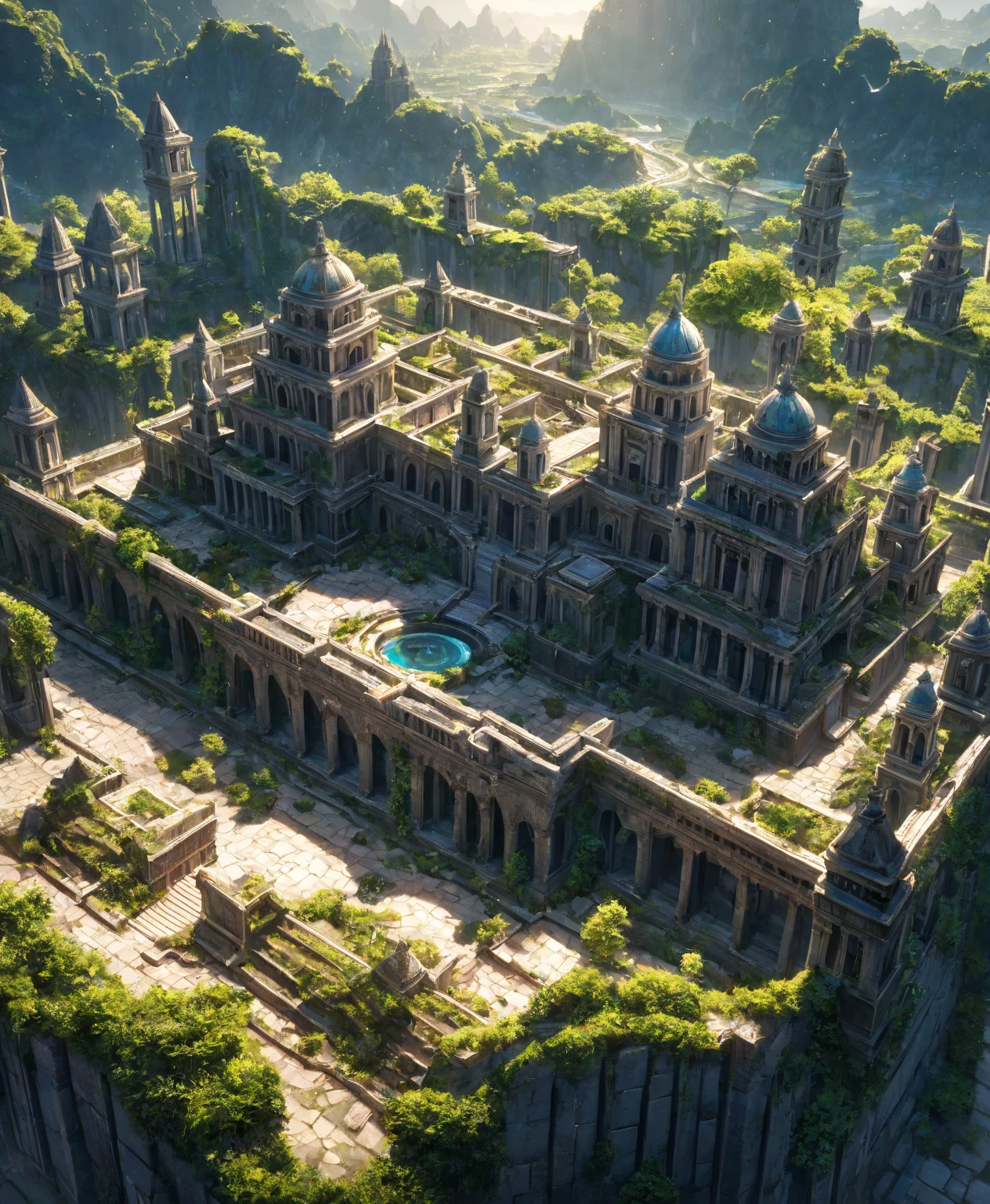 (A ruined architecture of ancient people, massive architecture, game concept art, bird's eye view, intricate architecture, crumbling buildings, detailed stone structures, lush vegetation, dramatic lighting, cinematic composition, ancient artifacts, fantasy setting, no humans, prevailing of nature, bright colours, sunshine, sunny, tranquility, bright mood), BREAK
dramatic shadows, epic scale, highly detailed, cinematic lighting, photorealistic, 8k, masterpiece,HDR, 8K, masterpiece, best quality, amazing quality, very aesthetic, high resolution, ultra-detailed, absurdres, newest, scenery, 
masterpiece,  aesthetic detailed background, best quality, game cg aesthetics, sharp focus, sharp details, light particles,  photo background, depth of field, 
(masterpiece), best quality, ultra-detailed, 1024k UHD wallpaper, ultra-high resolution, depth of field, HDR, Ray tracing, RTX, high saturation, photon mapping, best texture quality, best compotitions, (extremely detailed CG 1024k wallpaper), High Details, Ultra HD Photo,