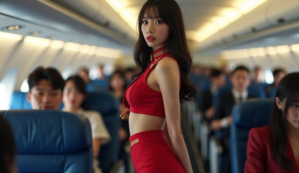 ((Highest quality、Tabletop、8K、Best image quality、Hyperrealism))、((1 female stewardess、walk gracefully down the aisle、Cowboy Shot、Take a photo of her from the waist up))、((The background is the first class aisle of an airplane..))、((perfect stewardess uniform、Very short nylon scarf))、(Exposing the forehead、Hair Bun)、Big ample breasts、Biggest Smile、white big teeth、Perfect Makeup、Long eyelashes、Look at me、Have the best smile、Perfect Anatomy、Bright lighting
((((((A red floral bra is visible))))))
Full body photo