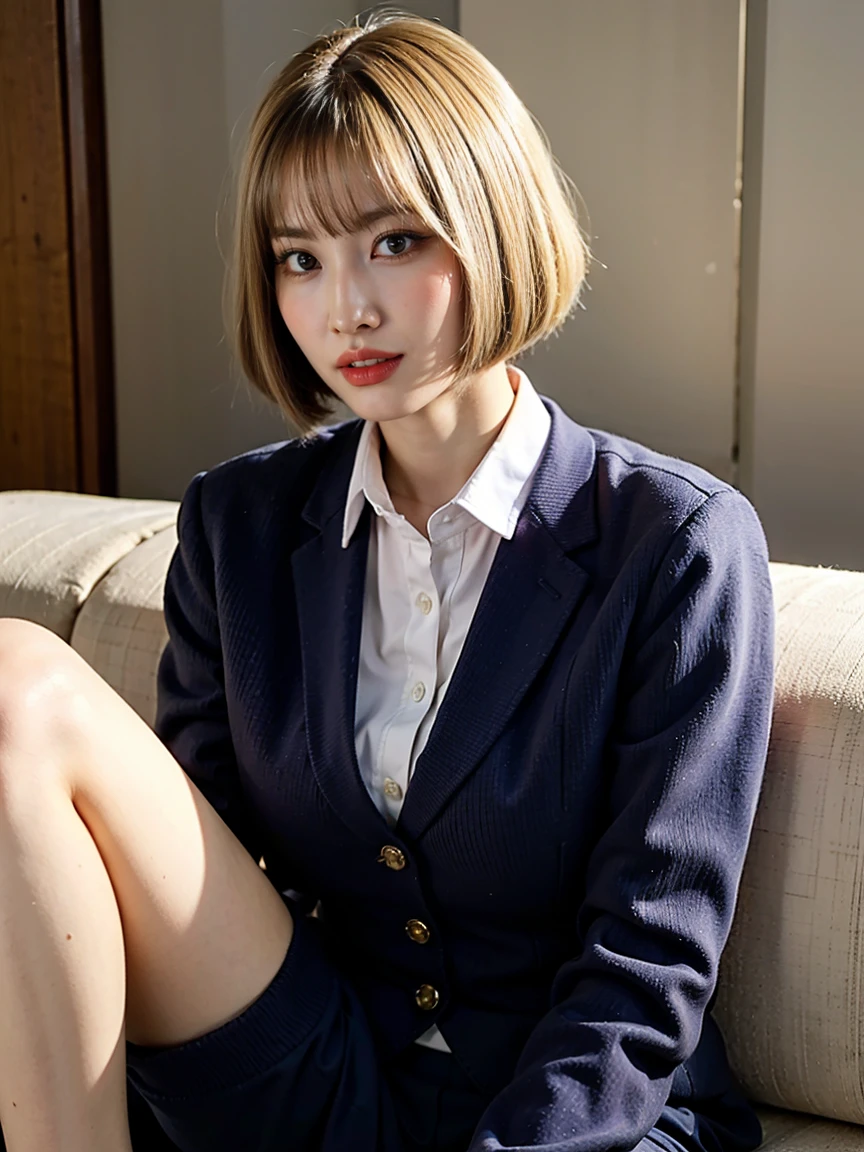 (Big Breasts), ( school uniform), (Leg spread、vagina), ( Blonde Bob Cut :1.3)
