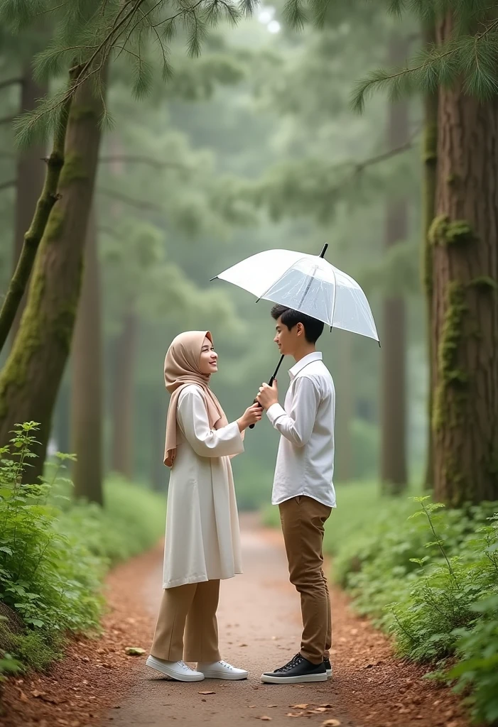 A young couple, standing on a dirt path in a pine forest. The woman, of Asian descent and medium build, is wearing a light beige hijab and a white loose-fitting dress, along with light brown flared pants and white sneakers. Her expression is pleasant and friendly, looking at her partner. The man, also of Asian descent, is slightly taller and of medium build; he wears a crisp white long-sleeved shirt and light brown pants with dark sneakers.  He is holding a clear umbrella over both of them, and his posture suggests attention and care. Both are looking at each other,  creating a warm and loving atmosphere. The path winds through the forest, lined with tall pine trees with moss and greenery.  Soft dappled light filters through the trees, casting muted shadows. The forest floor is covered with leaves and dirt. The couple is positioned in the center-middle of the image, with the man slightly more towards the center, and the woman slightly ahead of, and to the left of, him. Their body language suggests a happy and romantic moment. The composition is balanced, showcasing the loving couple within their natural setting. The overall style is romantic and natural, conveying a sense of love and togetherness outdoors. The scene is slightly muted, reflecting the atmosphere of a forest.