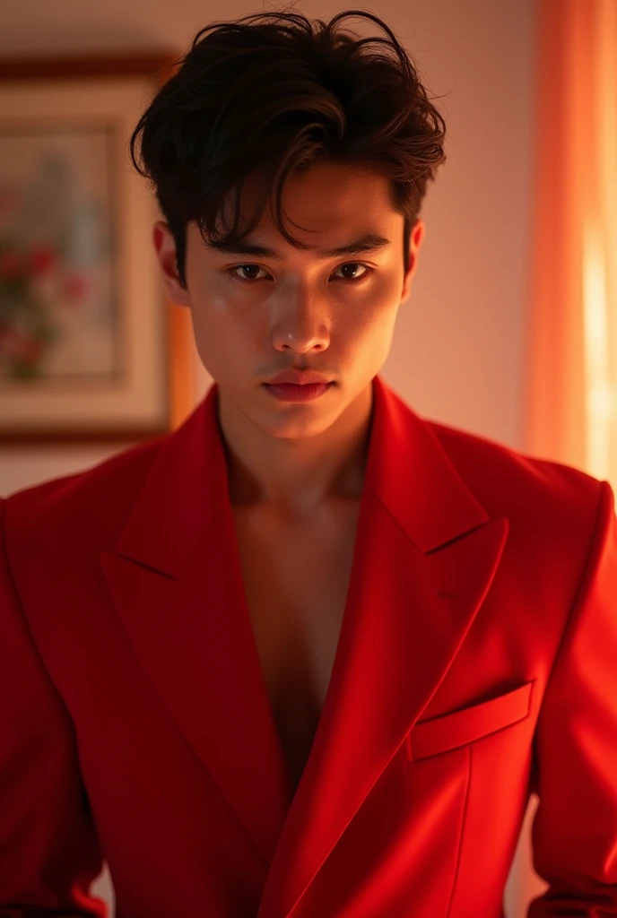 Hot Korean man with defined pink hair, red jacket with white hair open shirtless , tight red pants, front view, K-idol, hot , sexy , k-idol bdsm , masterpiece  