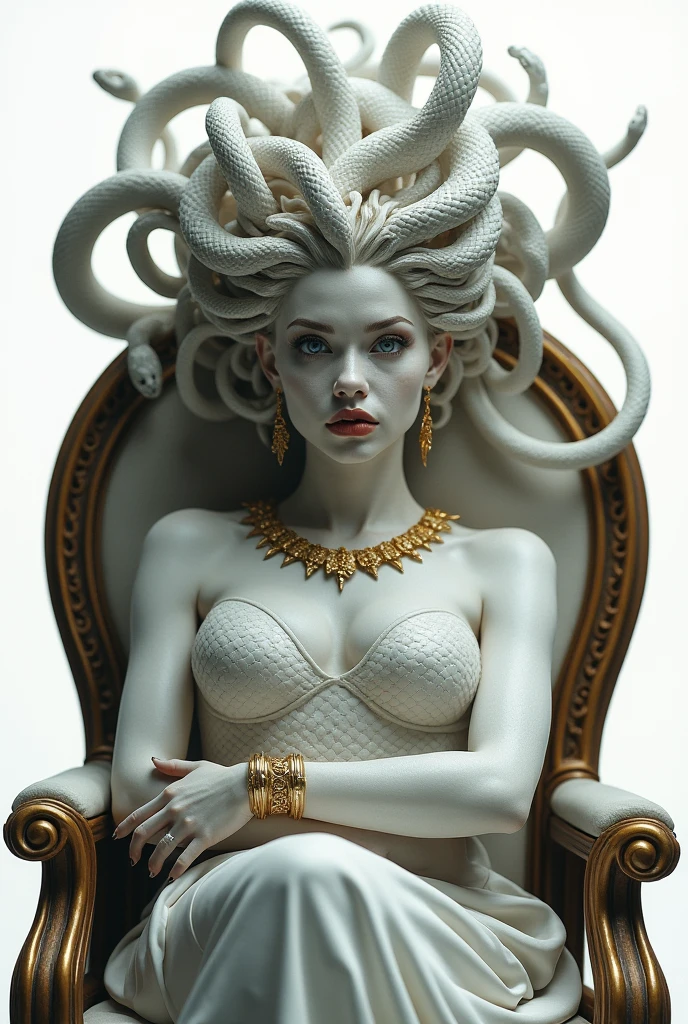 Medusa Greek mythology, (Ancient Greek dress:1.3), gold and silver accessories, high neck collar, bracelets, earrings,
The hair of many snakes, image of a white snake all over, white skin covered with shiny scales, sky blue eyes, slightly open moist lips, small fangs, showing red tongue, thin waist, wide hips, curvy perfect body, ( simple background, white background), (sitting cross-legged on a throne),
white snake image, 