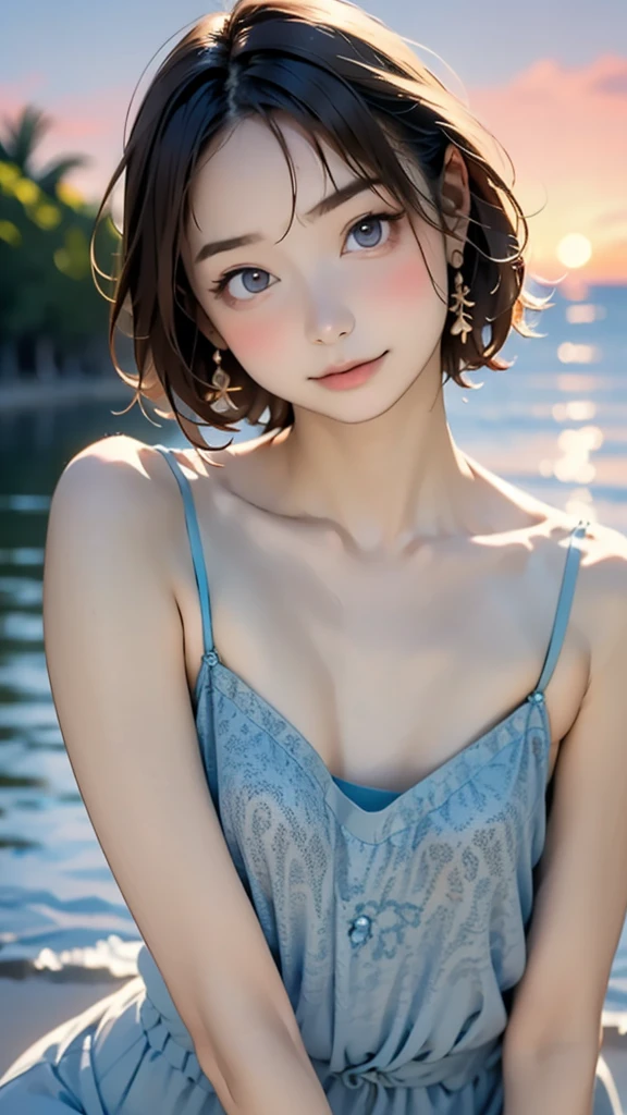 one girl, (ars old:1.4),(Very Young Face),(Japanese famous idol), cute face, ash gray hair:1.5, bob hair, short hair, camera's line of sight, small breasts, An ennui look, (((camisole, dress))) , particles of light, sea of ​​sunset, calm sea, white sand beach, very beautiful sunset, RAW photo, highest quality, High resolution, High resolution, masterpiece:1.3, 8k, 12k, professional photographer,((Extremely precise and accurate anatomy:1.0)),Kind eyes,Graceful pose,(Beauty of form:1.4) Golden ratio, big eye,(nature's providence:1.4),