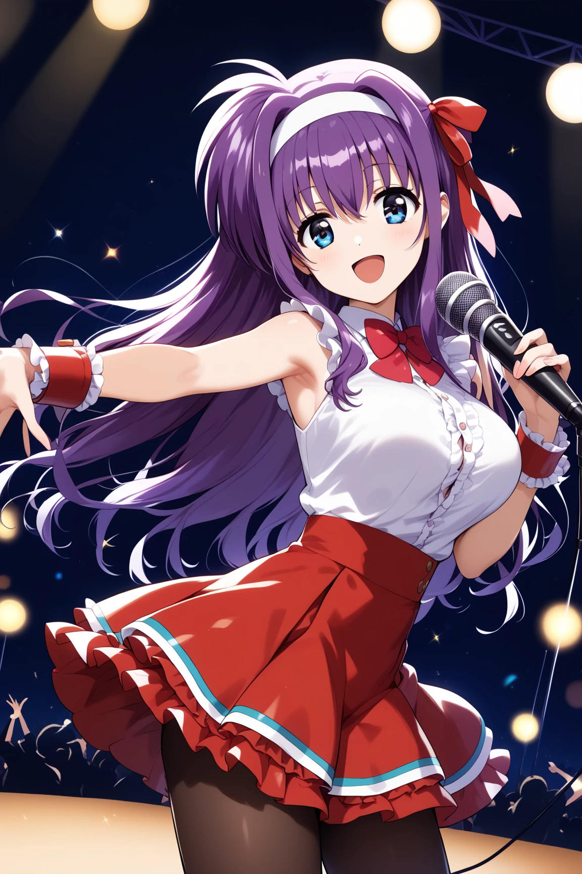 masterpiece,best quality,{{detailed beautiful face and eyes}}, 
Tsukimura Suzuka,long hair,purple hair,white hairband,hair between eyes,hair over shoulder,blue eyes,large breasts,
idle, (school festival frilled costume:1.3),(mini skirt:1.3),zettai ryouiki,bow tie,hair ribbon,(button gap:1.1),sleeveless,cuffs,tights,
1woman,(is smile:1.0),
 ((dancing,singing,have a microphone,cowboy shot,looking at viewer:1.2)), 
(stage:1.0),clothed