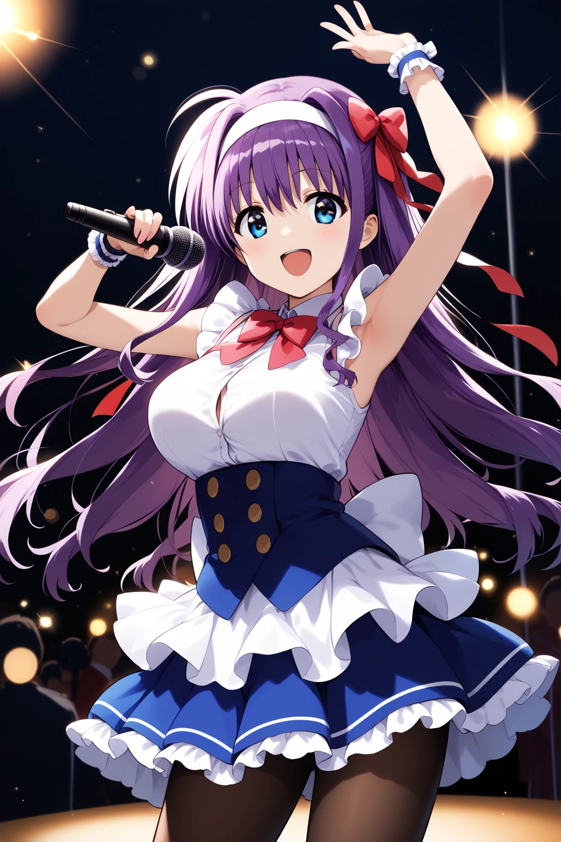 masterpiece,best quality,{{detailed beautiful face and eyes}}, 
Tsukimura Suzuka,long hair,purple hair,white hairband,hair between eyes,hair over shoulder,blue eyes,large breasts,
idle, (school festival frilled costume:1.3),(mini skirt:1.3),zettai ryouiki,bow tie,hair ribbon,(button gap:1.1),sleeveless,cuffs,tights,
1woman,(is smile:1.0),
 ((dancing,singing,have a microphone,cowboy shot,looking at viewer:1.2)), 
(stage:1.0),clothed