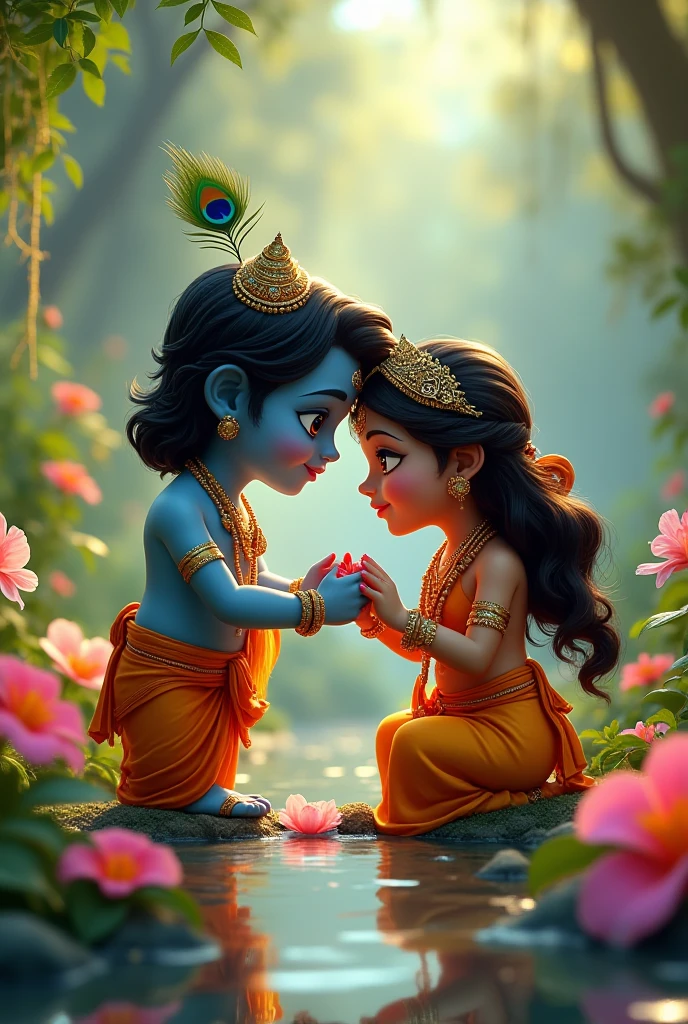 A chubby,cute and boy sitting with each other a boys skin is blue in color a girl is wearing so much jewelry both are sitting on a rock thay both are wearing a crown full of flowers with a peocock fether on crown surrounded by so many flowers a boy playing flute a girl seeing him with lots of love in her eyes