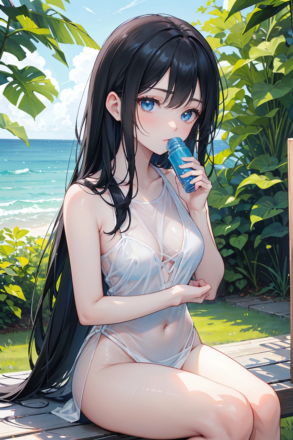 ((White liquid flows from between the legs))(There is a lot of white liquid on the face)Panties are tight ((Wear clothes that are wet with water,no underwares)) (The panties were wet with water)