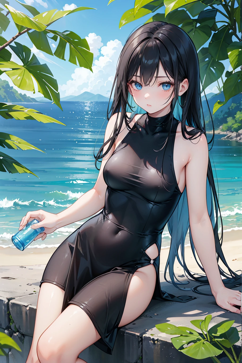  Long straight black hair , Swimsuit,    blue eyes，Holding a blue bottle, Relaxation posture, sit, Review, HEALTHY SKIN , Outdoor scenery, Green leaves and blue sky, Bright natural light    ,    The sun shines in from the upper left,   A warm and gentle vibe  , Side Angle, Moderate depth of field   ，   Background ,  good exposure.