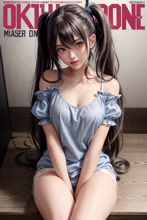 (masterpiece), (best quality), detailed, a otaku girl, soro, twintails, long wavy hair twintails.hairs between eyes,dark green eyes ,dark green hair, smile, masterpiece, best quality, newest, (from below:1.2),(perky chest:1.2), (pointed chest:1.2),(from below:1.2,Best Quality),a girl , platinum color hair、bartender uniform,Purplish blue eyes that dreamers desire, ((Otaku girl)),gloomy, messy hair, hair over eyes, long hair, blushing face,armpits hair, (harf sleeve t-shirt),shorts, sitting on gaming chair, dirty room,playing PC-game,small breasts, skinny,open mouth, (otaku game magazine cover:1.3),(with sparkling eyes and a contagious smile),her thin pubic hair:1.2, looking at viewer
