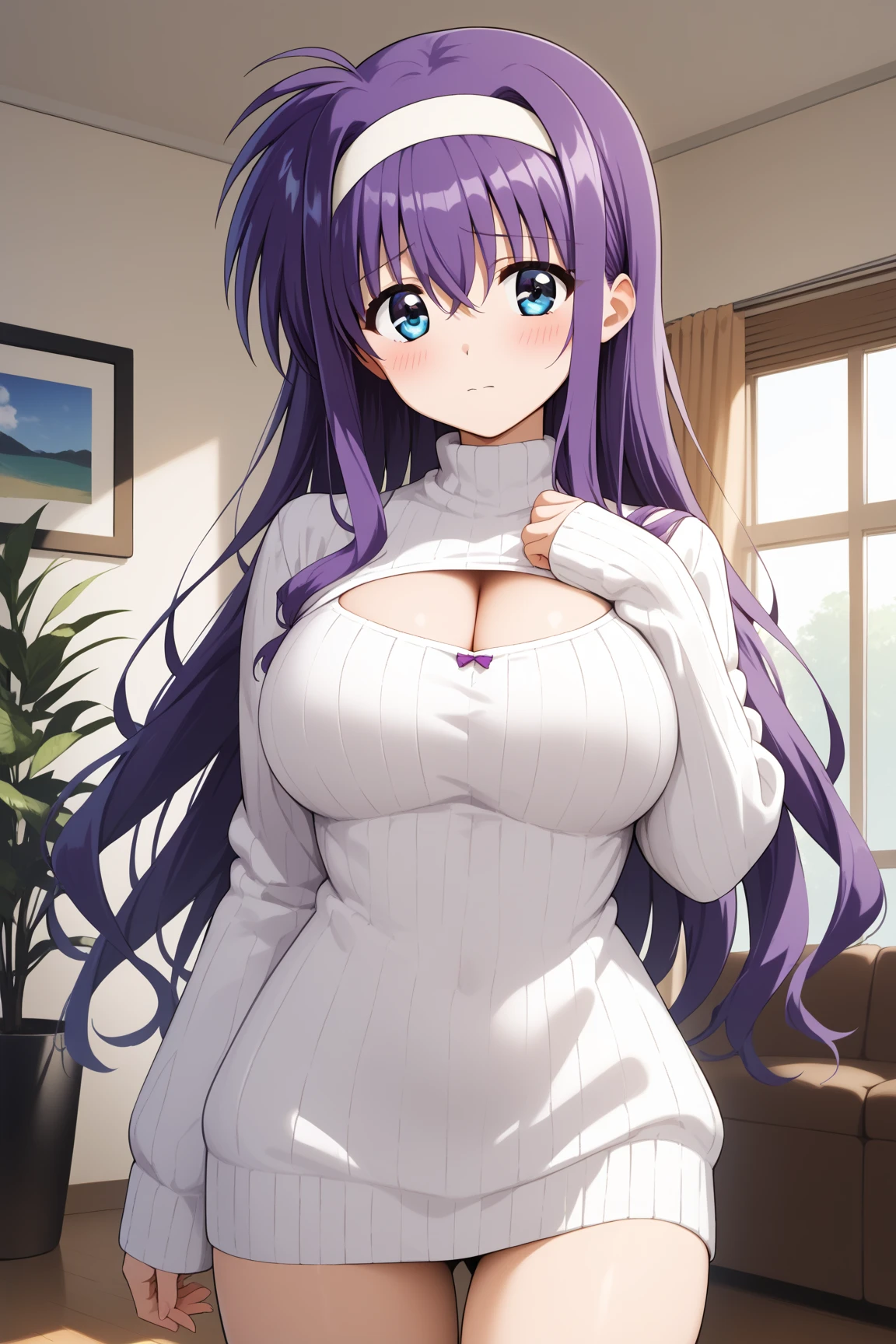 masterpiece,best quality,{{detailed beautiful face and eyes}}, 
Tsukimura Suzuka,long hair,purple hair,white hairband,hair between eyes,hair over shoulder,blue eyes,large breasts,
white sweater,cleavage cutout,
1woman,(is embarrassing,big blush,closed mouth:1.0),
 ((standing,cowboy shot,looking at viewer:1.2)), 
(living room:1.0),clothed