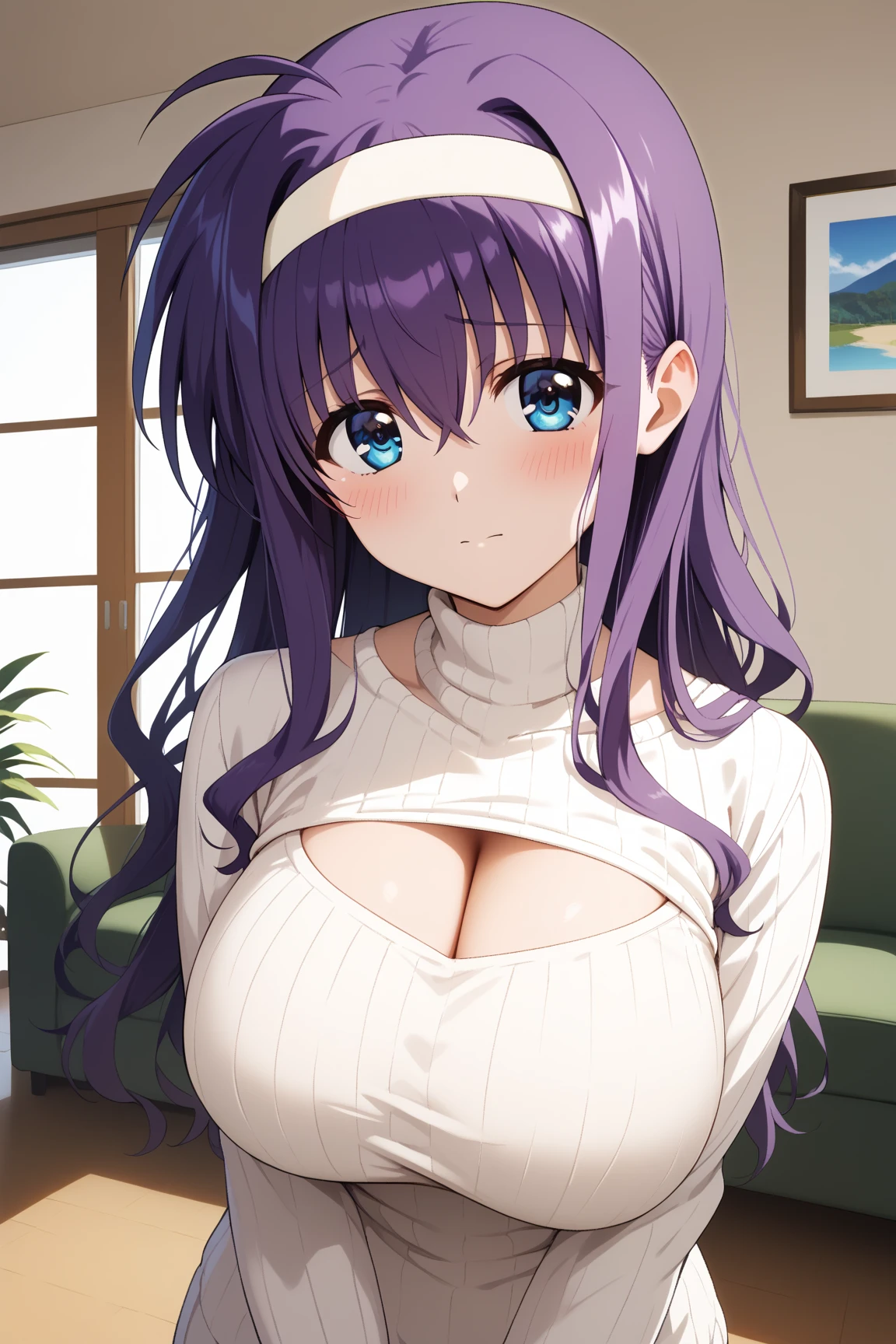 masterpiece,best quality,{{detailed beautiful face and eyes}}, 
Tsukimura Suzuka,long hair,purple hair,white hairband,hair between eyes,hair over shoulder,blue eyes,large breasts,
white sweater,cleavage cutout,
1woman,(is embarrassing,big blush,closed mouth:1.0),
 ((standing,cowboy shot,looking at viewer:1.2)), 
(living room:1.0),clothed