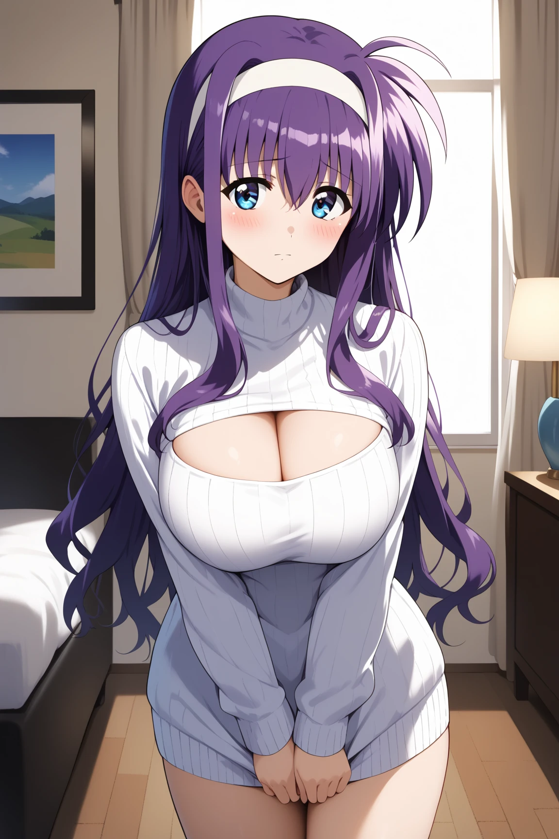 masterpiece,best quality,{{detailed beautiful face and eyes}}, 
Tsukimura Suzuka,long hair,purple hair,white hairband,hair between eyes,hair over shoulder,blue eyes,large breasts,
white sweater,cleavage cutout,
1woman,(is embarrassing,big blush,closed mouth:1.0),
 ((standing,cowboy shot,looking at viewer:1.2)), 
(living room:1.0),clothed