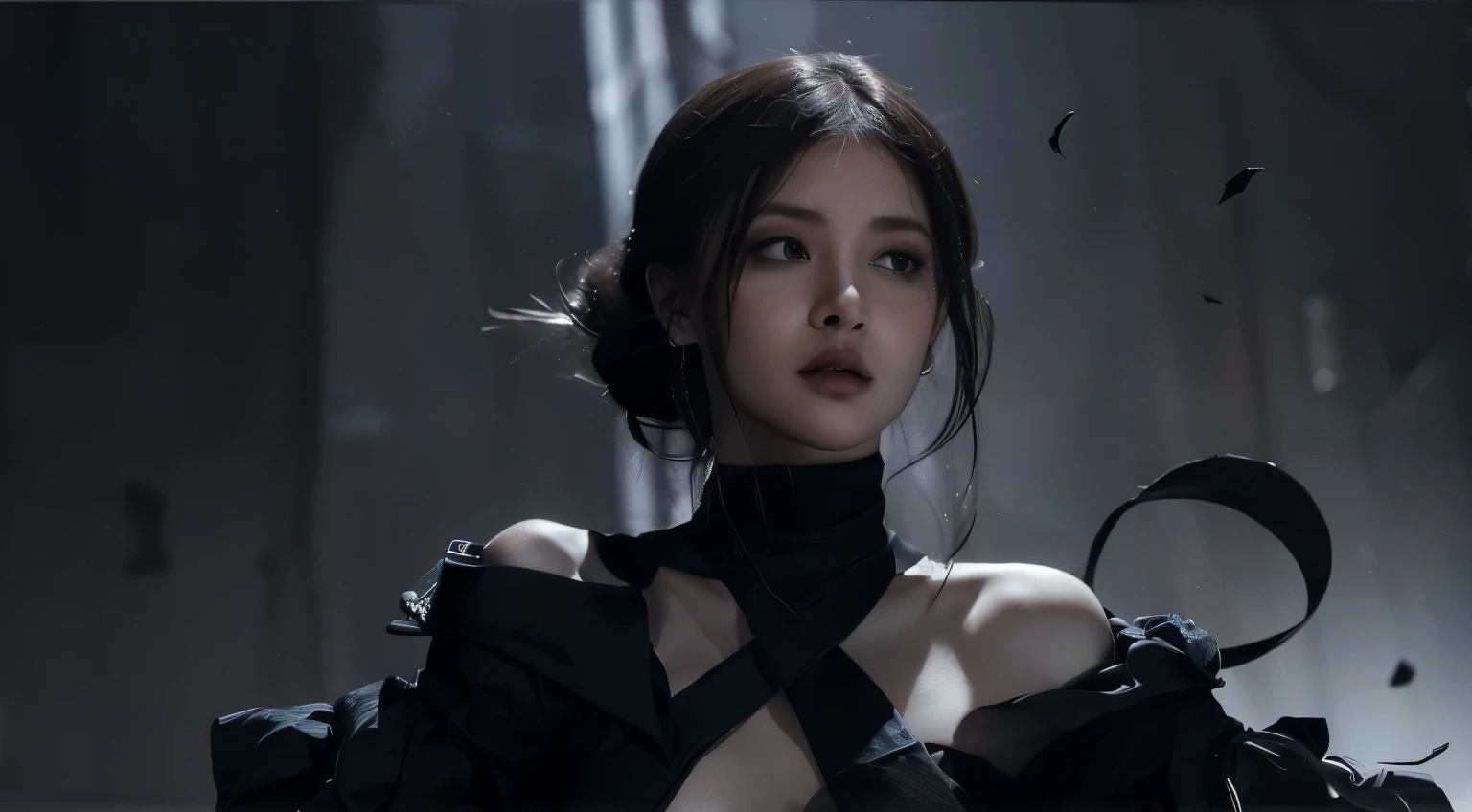 (best quality, highres),black dress,black hair,black petals,black theme,no lights,black ninja,dark shadows,dramatic atmosphere,exquisite details,perfect composition,subtle textures,contrasting colors,sleek design,graceful movement,sharp edges,emotive expression,extraordinary pose,mysterious aura,striking contrast,modern art style,intense emotions,masterful brushstrokes,vibrant black tones,sophisticated elegance,fierce and powerful,mesmerizing intensity,artistic vision,black abyss,illusion of depth,enigmatic beauty,ethereal presence,impressive artwork,hauntingly beautiful, dark theme, black background, black rose, dark ninja, intense gaze, flowing dress, detailed facial features, long eyelashes, contrast, fine details, dramatic atmosphere, gothic style, intense emotions, monochrome color palette, captivating setting, haunting beauty, artistic photography, everything is black