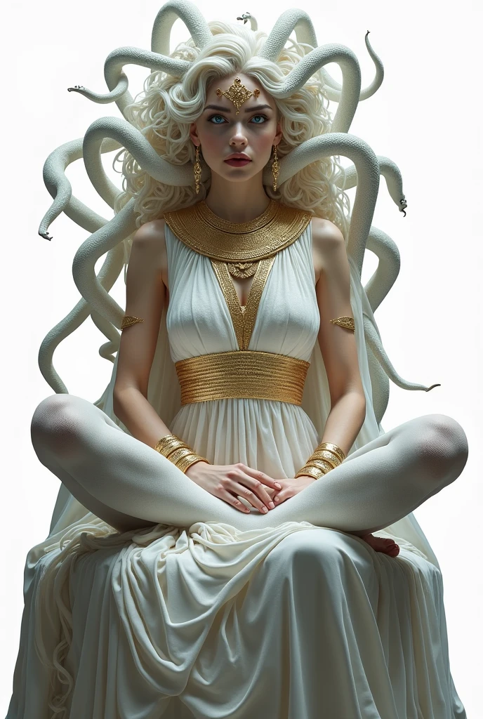 Medusa Greek mythology, (Ancient Greek dress:1.3), gold and silver accessories, high neck collar, bracelets, earrings,
The hair of many snakes, image of a white snake all over, white skin covered with shiny scales, sky blue eyes, slightly open moist lips, small fangs, showing red tongue, thin waist, wide hips, curvy perfect body, ( simple background, white background), (sitting cross-legged on a throne), view from above, 
white snake image, 