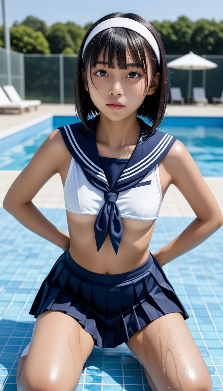  Wet 1 Japanese Female Middle School Student 、masterpiece 、  top quality  、 Super high resolution、 realistic、 beautiful lighting arranged in an orderly manner、  RAW photos 、4K Ultra HD、  super detailed face、Clear Face、Detailed eye、 beautiful eyes、1080P、 tan dark skin 、 black hair,   wet hair、 short bob cut , bangs、 Ponytail、 horny 、 Thin Young Gravure Idols 、 ecstatic face、 white headband、 white gloves、((( small chest with tension、Separated Breasts 、 tight breasts)))、(( blue sky、small outdoor pool 、 blur background)),(((Wet Japanese Female Middle School Student 、  navy sailor color 、 wet pleated skirt 、 black high socks、Wear black shorts)))、Japanese female middle school student wearing a school swimsuit 、((Japanese elementary school girl in school swimsuit kneeling in a shallow pool 、 brings her face close while staring at the audience))  break ((( EXTREME FACE UP SHOT ,  viewers, the above )))、 full body shot 、(( underboob))、( perfect anatomy)、 break ((Upper eyelid))、((( midi skirt)))、 thin beautiful thighs 、 beautifully manicured hair 、 oily skin 、Five fingers