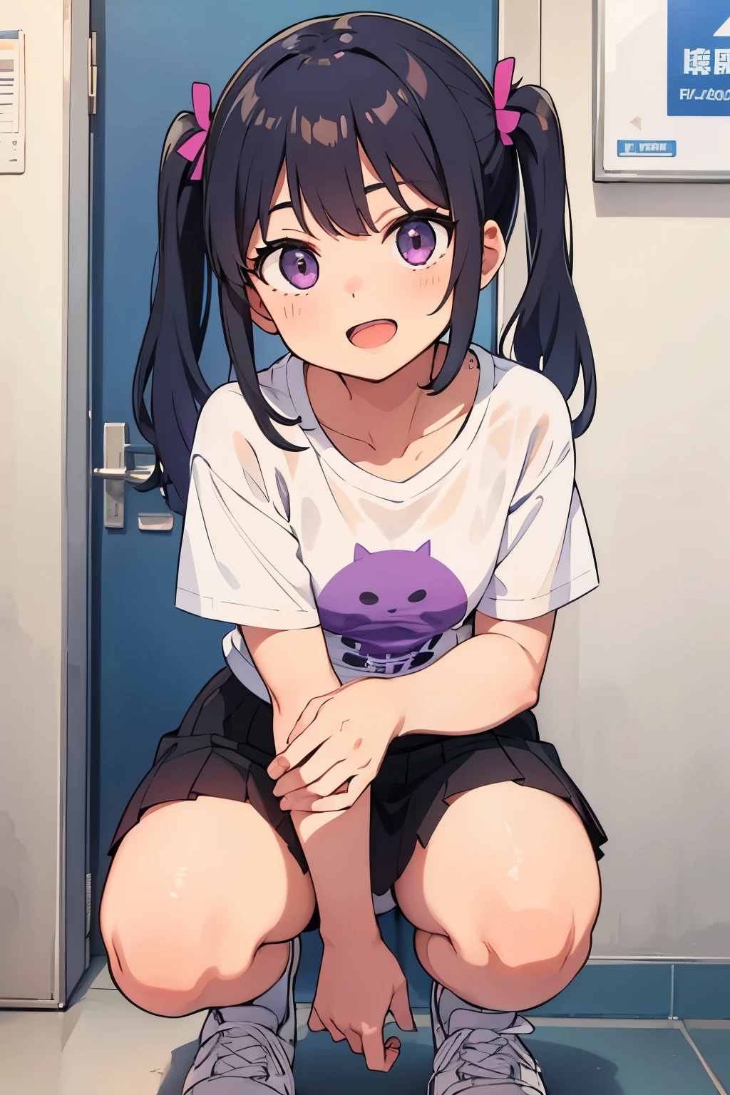     flat chest black hair shorts twin tails purple eyes 　 smile with open mouth（（One person））upper body black short sleeve t-shirt lower body navy blue mini skirt　white panties white socks 　 sneakers　（（ can see panties））In front of the elevator of the apartment building　 squatting on the pubic area　（（ can see panties）） Lower body center 　Panty close-up　 dynamic angle　  low angle