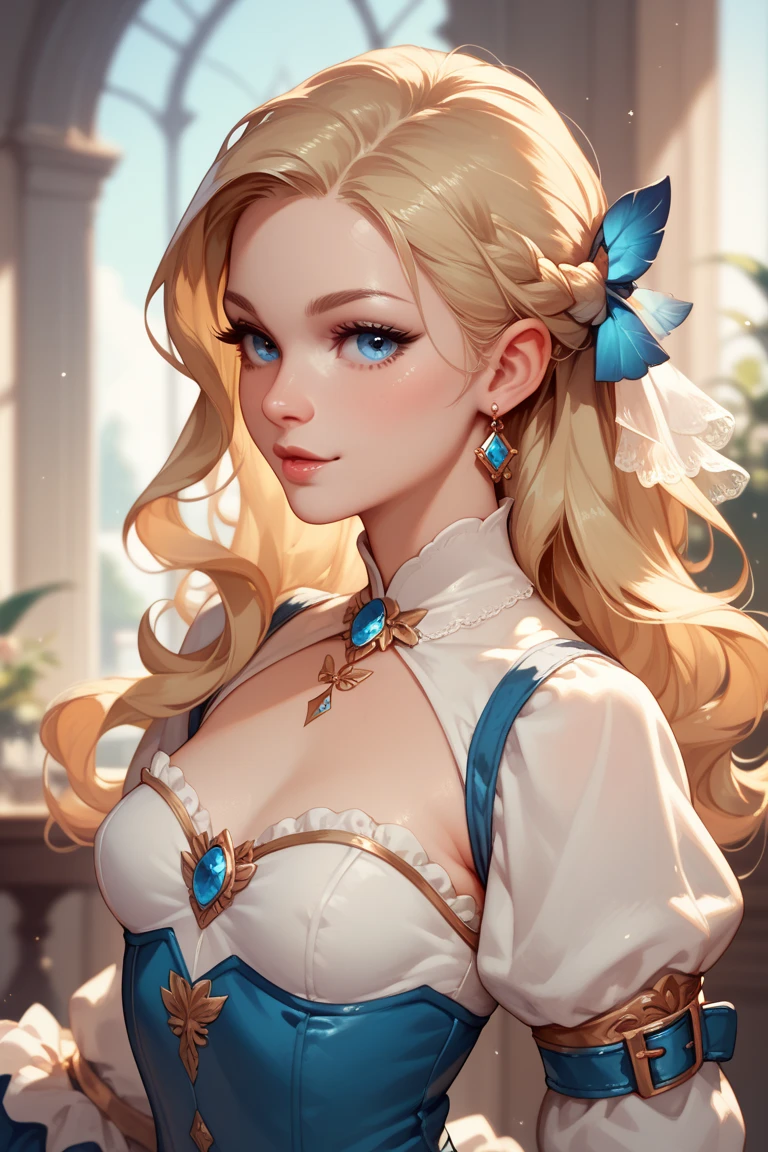 a beautiful female musketeer long blonde hair small breasts blue eyes