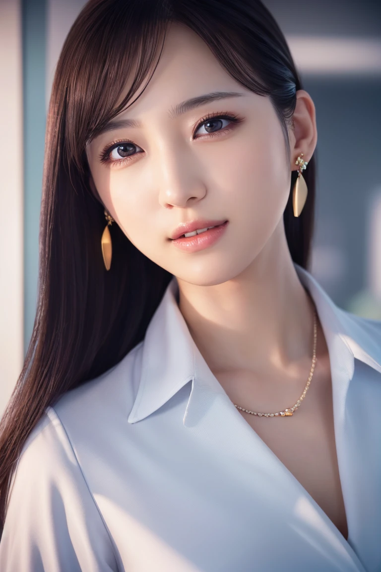 (Highest quality, 8K, photorealistic, detailed lighting, physically-based rendering), (1 girl), Japanese beautiful lady, ((secretary, business casual, slacks, dangling jewelry earrings)), perfect lighting