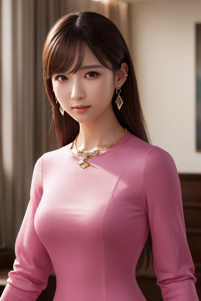 (Highest quality, 8K, photorealistic, detailed lighting, physically-based rendering), (1 girl), Japanese beautiful lady, ((long sleeve u-neck pencil dress, dangling jewelry earrings)), perfect lighting